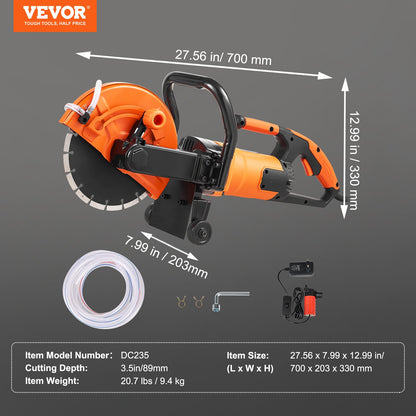 Electric Concrete Saw, 9 in, 1800 W Motor Circular Saw Cutter with 3.5 in Cutting Depth, Wet/Dry Disk Saw Cutter Includes Water Line, Pump and Blade, for Stone, Brick