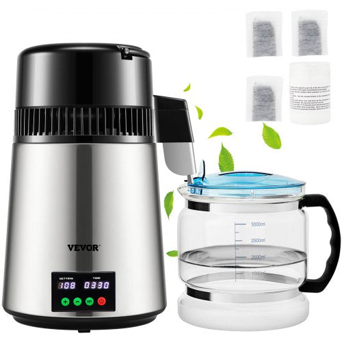 1.1 Gal Water Distiller, 0.3 Gal/H, 750W Distilled Water Maker Machine 0-99H Timing Set Temp Display, 304 Stainless Steel Countertop Distiller Glass Carafe Cleaning Powder 3 Carbon Packs, Silver