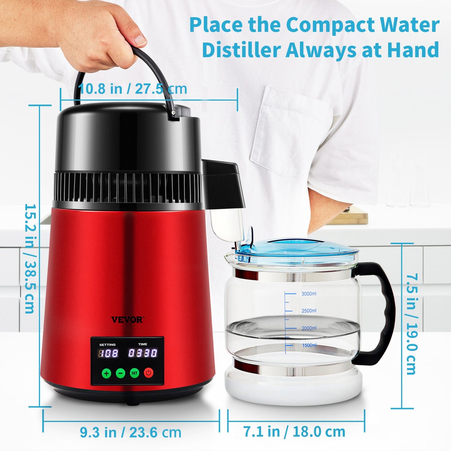 4-l-Wasserdestilliergerät, 1 l/h, 750 W, Destilliergerät mit 0–99-h-Zeiteinstellung, Temperaturanzeige, Destilliergerät aus Edelstahl 304, Arbeitsplatten-Destilliergerät, Glaskaraffe, Reinigungspulver, 3 Aktivkohlepackungen, Rot
