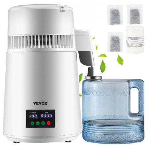 1.1Gal Water Distiller, 0.3Gal/H, 750W Distilled Water Maker Machine 0-99H Timing Set Temp Display, 304 Stainless Steel Countertop Distiller Plastic Carafe Cleaning Powder 3 Carbon Packs, White