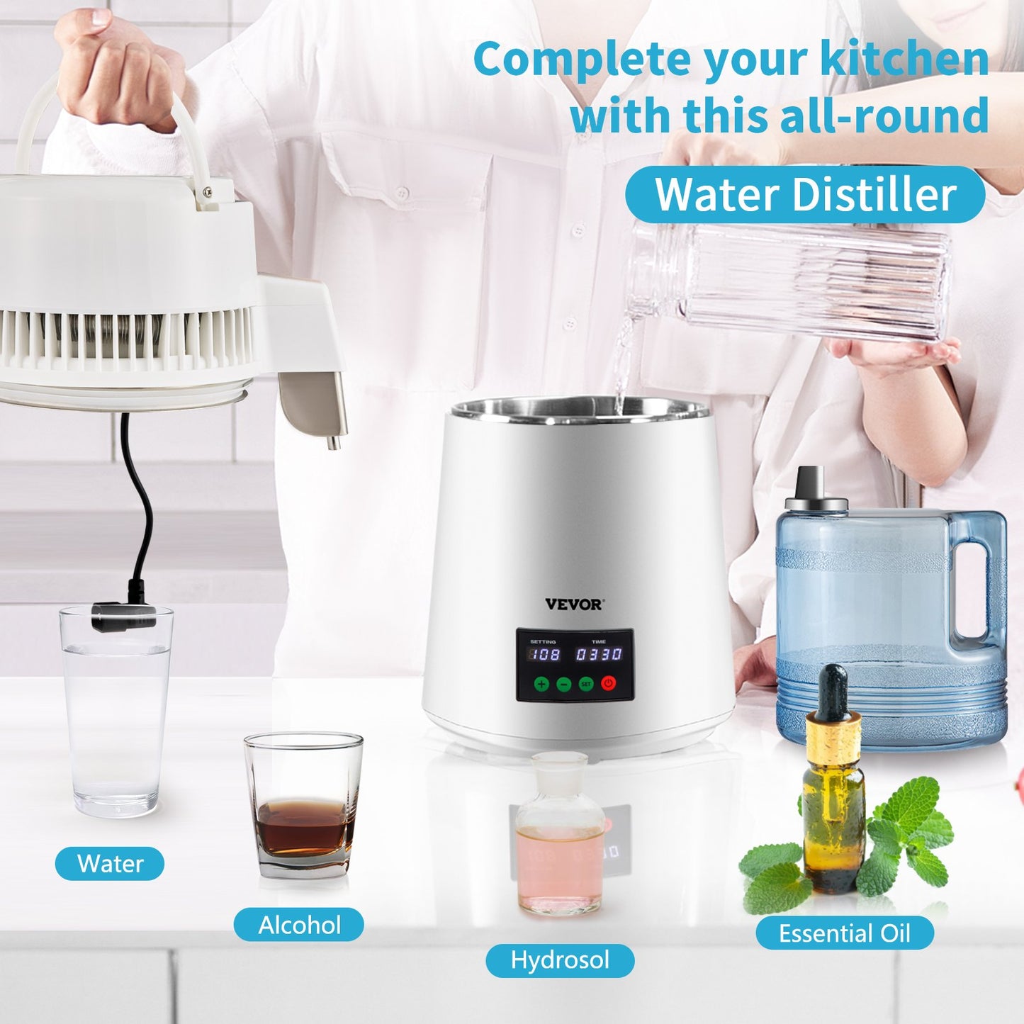 1.1Gal Water Distiller, 0.3Gal/H, 750W Distilled Water Maker Machine 0-99H Timing Set Temp Display, 304 Stainless Steel Countertop Distiller Plastic Carafe Cleaning Powder 3 Carbon Packs, White