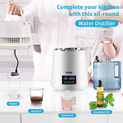 1.1Gal Water Distiller, 0.3Gal/H, 750W Distilled Water Maker Machine 0-99H Timing Set Temp Display, 304 Stainless Steel Countertop Distiller Plastic Carafe Cleaning Powder 3 Carbon Packs, White