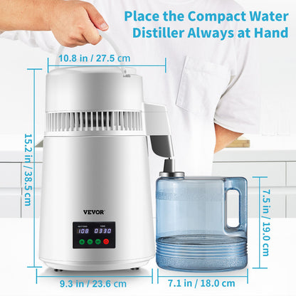 1.1Gal Water Distiller, 0.3Gal/H, 750W Distilled Water Maker Machine 0-99H Timing Set Temp Display, 304 Stainless Steel Countertop Distiller Plastic Carafe Cleaning Powder 3 Carbon Packs, White
