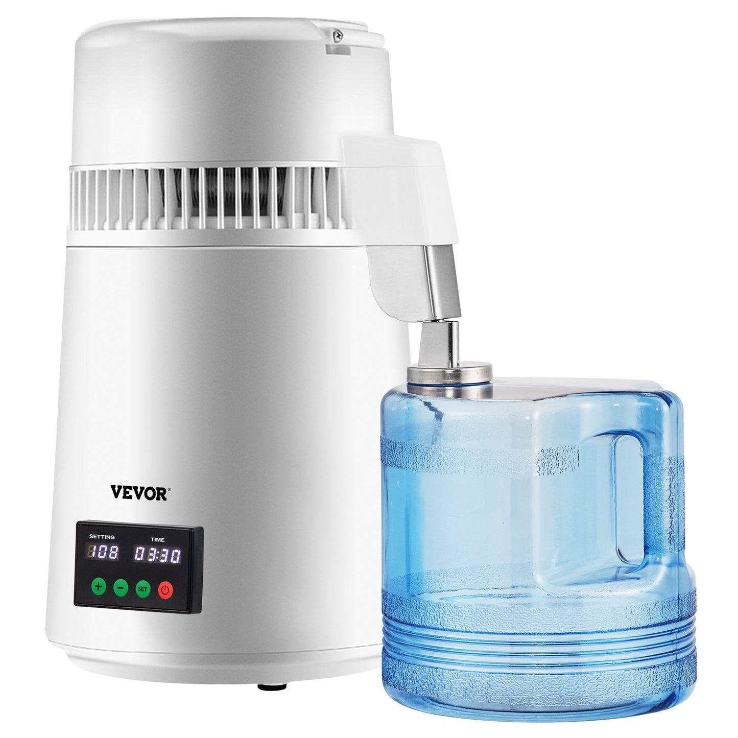1.1Gal Water Distiller, 0.3Gal/H, 750W Distilled Water Maker Machine 0-99H Timing Set Temp Display, 304 Stainless Steel Countertop Distiller Plastic Carafe Cleaning Powder 3 Carbon Packs, White