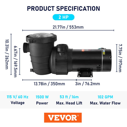 Swimming Pool Pump 2.0HP 115V 1500W, Single Speed Pumps for Above Ground Pool, Powerful Pool Pumps with Strainer Basket, 5400 GPH Max. Flow, ETL Certification