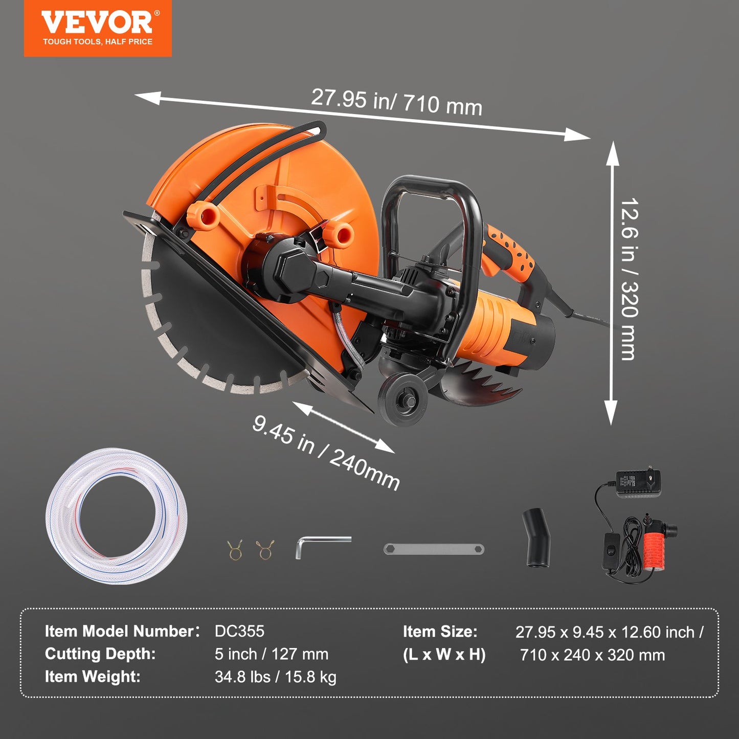 Electric Concrete Saw, 14 in Circular Saw Cutter with 5 in Cutting Depth, Wet/Dry Disk Saw Cutter Includes Water Line, Pump and Blade, for Stone, Brick, Porcelain, Concrete, 3200W/15A Motor
