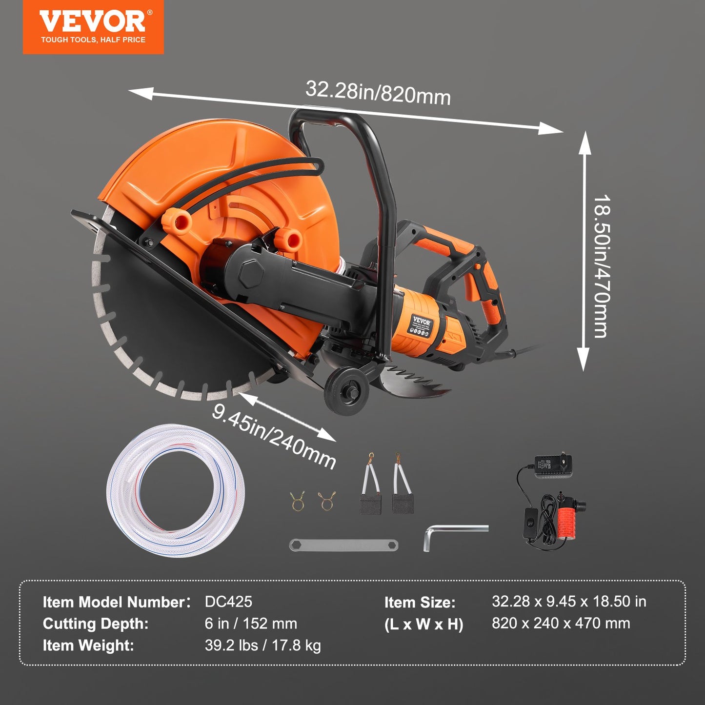 Electric Concrete Saw, 16 in, 3200 W Motor Circular Saw Cutter with Max. 6 in Adjustable Cutting Depth, Wet Disk Saw Cutter Includes Water Line, Pump and Blade, for Stone, Brick