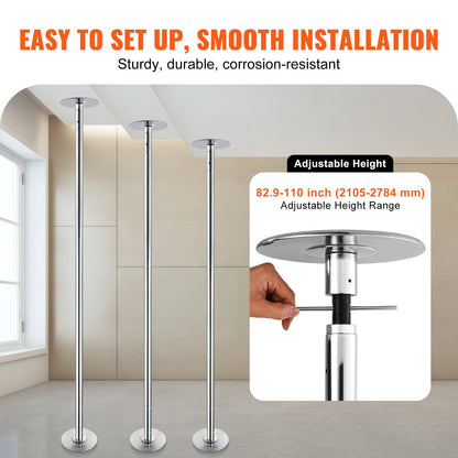 Professional Dancing Pole, Spinning Static Dancing Pole Kit, Portable Removable Pole, 45mm Heavy-Duty Stainless Steel Pole, Height Adjustable Fitness Pole, for Exercise Home Club Gym, Silver
