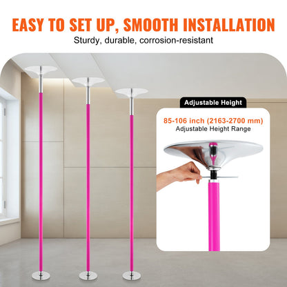 Professional Dancing Pole, Spinning Static Dancing Pole Kit, Portable Removable Pole, 40mm Heavy-Duty Stainless Steel Pole, Height Adjustable Fitness Pole, for Exercise Home Club Gym, Pink