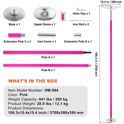 Professional Dancing Pole, Spinning Static Dancing Pole Kit, Portable Removable Pole, 40mm Heavy-Duty Stainless Steel Pole, Height Adjustable Fitness Pole, for Exercise Home Club Gym, Pink