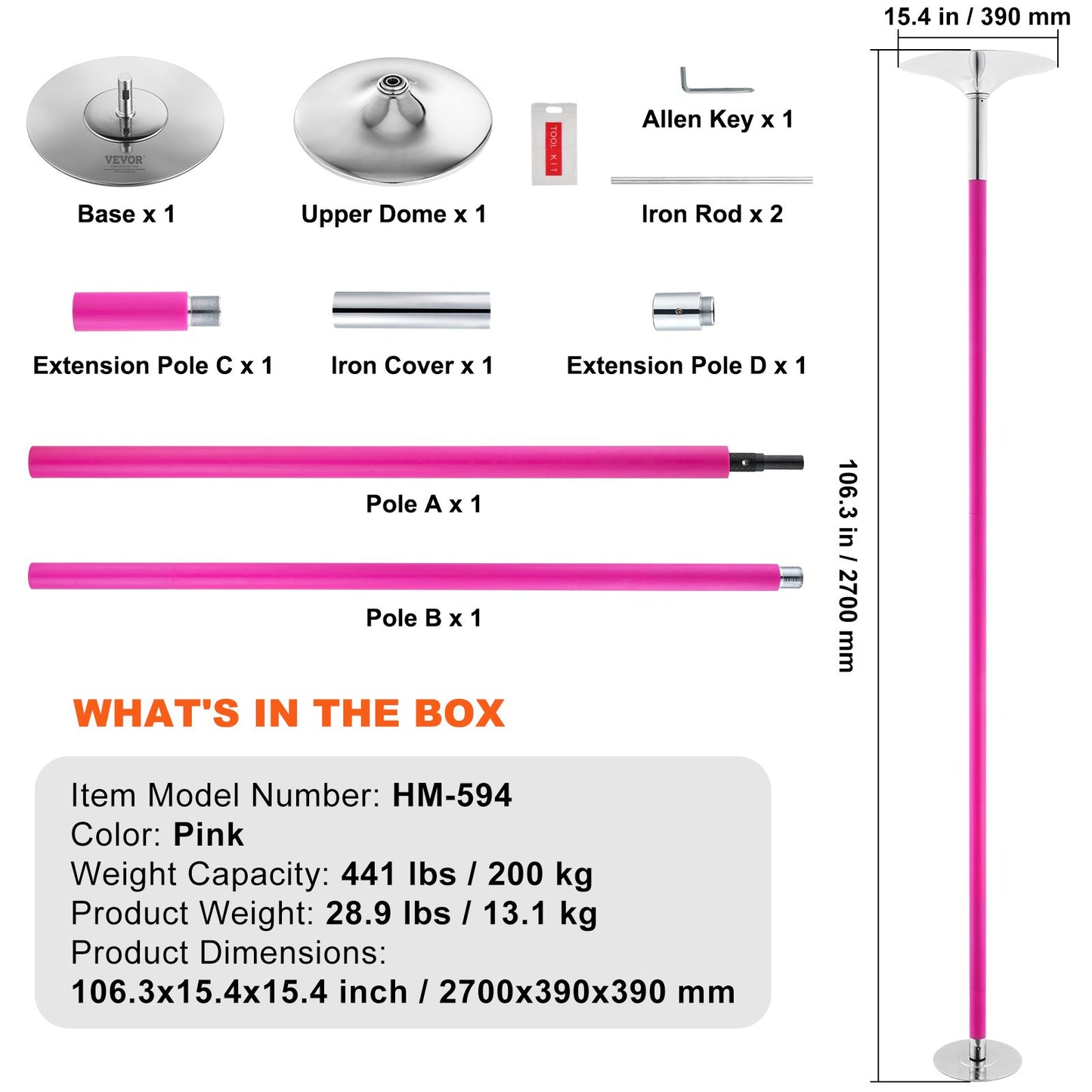 Professionell Dansstav, Snurrande statisk Dansstavsats, Bärbar, avtagbar stolpe, 40 mm Heavy-Duty Rostfritt Stål Stång, Höjdjusterbar Fitness Stång, För Träning Hemmaklubb Gym, Rosa