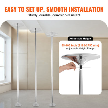 Professionell Dansstav, Snurrande statisk Dansstavsats, Bärbar, avtagbar stolpe, 45 mm kraftig rostfri stålstav, höjdjusterbar träningsstav, för träningshemklubbgym, Silver