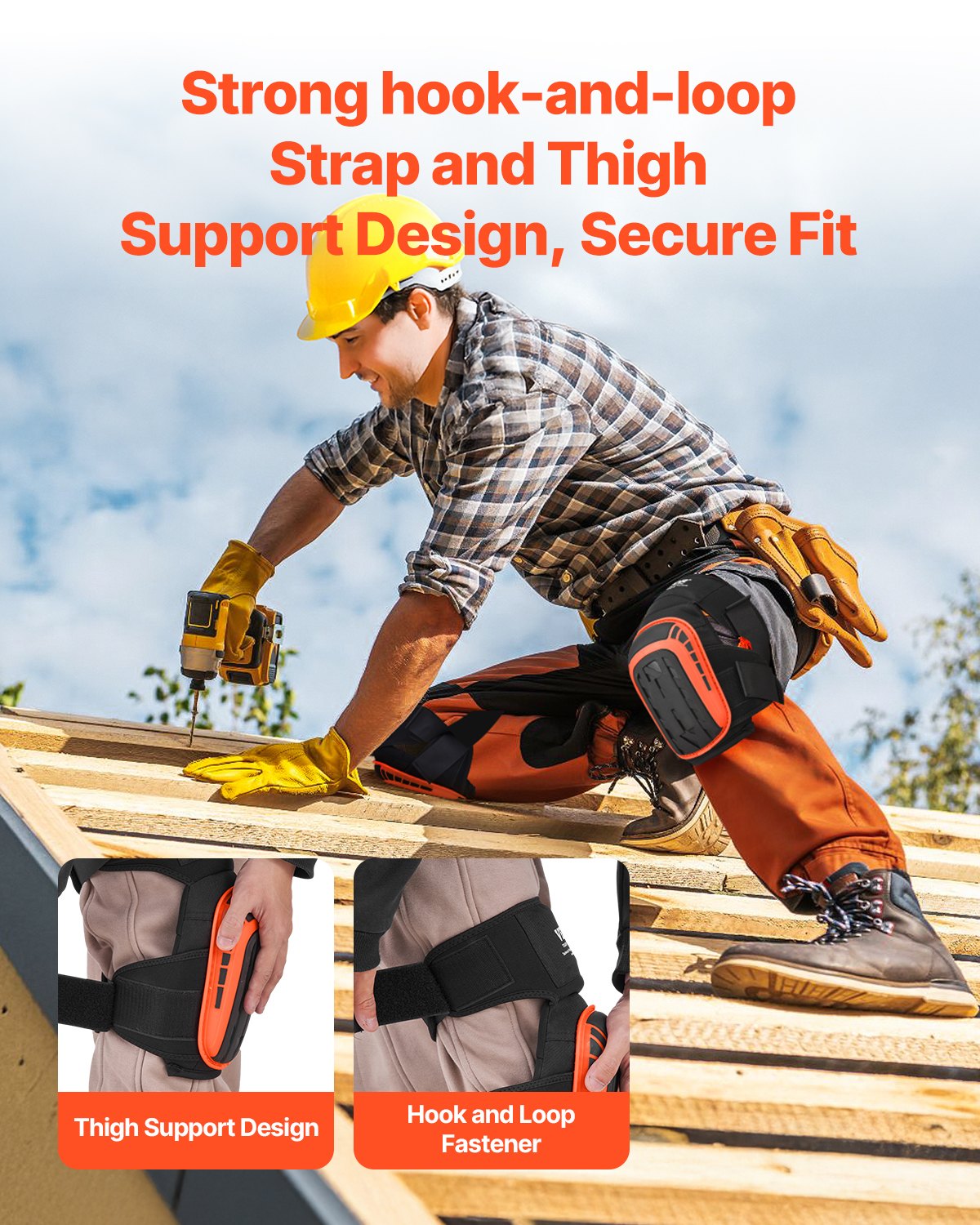 Knee Pads for Work, Extended Heavy Duty Construction Knee Pads with 2 Extension Straps, Anti-slip Foam Gel Knee Pads, Men & Women, for Gardening Flooring Roofing and Cleaning, Black and Orange