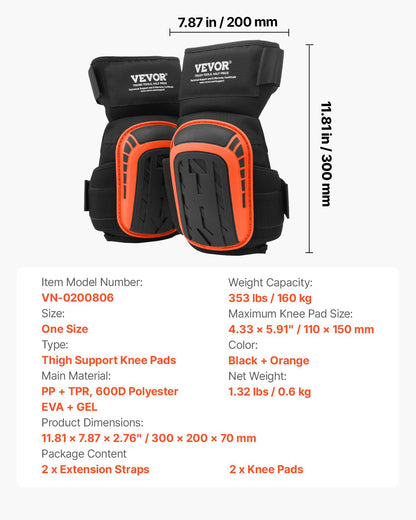 Knee Pads for Work, Extended Heavy Duty Construction Knee Pads with 2 Extension Straps, Anti-slip Foam Gel Knee Pads, Men & Women, for Gardening Flooring Roofing and Cleaning, Black and Orange