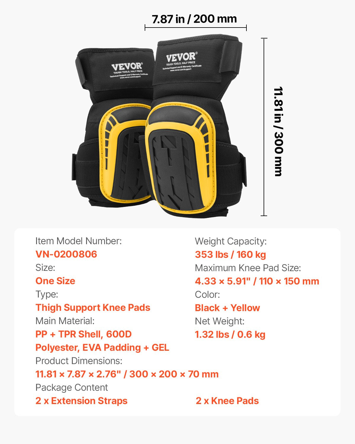 Knee Pads for Work, Extended Heavy Duty Construction Knee Pads with 2 Extension Straps, Anti-slip Foam Gel Knee Pads, Men & Women, for Gardening Flooring Roofing and Cleaning, Yellow and Black