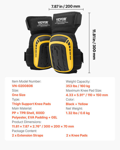 Knee Pads for Work, Extended Heavy Duty Construction Knee Pads with 2 Extension Straps, Anti-slip Foam Gel Knee Pads, Men & Women, for Gardening Flooring Roofing and Cleaning, Yellow and Black