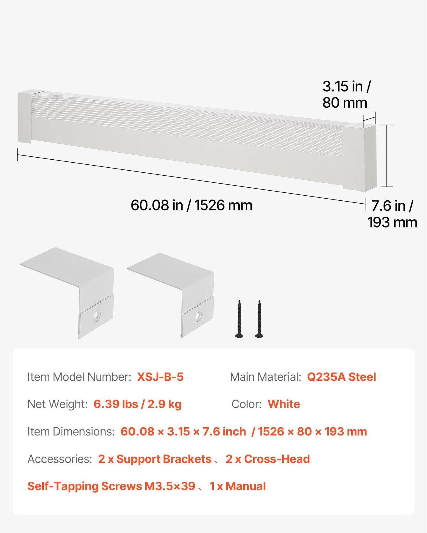 Baseboard Heater Covers, Basic Series 5 ft Standard Electric Heating Unit Front Cover for Home Improvement, Heavy-duty Steel, Easy Installation for Bedroom Replacing Old Cover, White