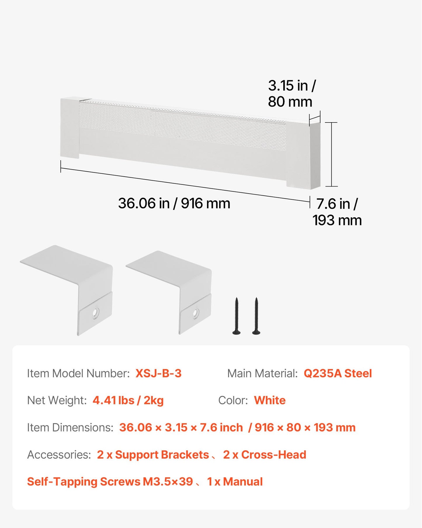 Baseboard Heater Covers, Basic Series 3 ft Standard Electric Heating Unit Front Cover for Home Improvement, Heavy-duty Steel, Easy Installation for Bedroom Replacing Old Cover, White