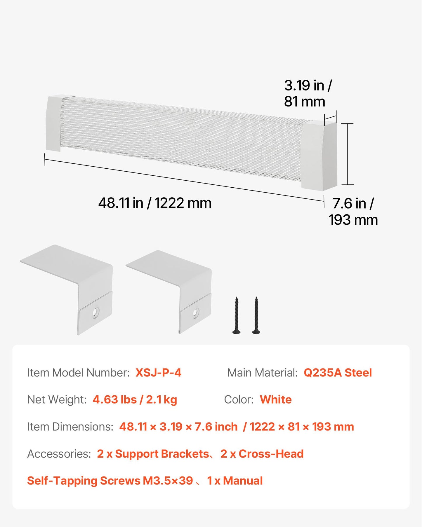 Baseboard Heater Covers, Premium Series 4 ft Standard Electric Heating Unit Front Cover for Home Improvement, Heavy-duty Steel, Easy Installation for Bedroom Replacing Old Cover, White