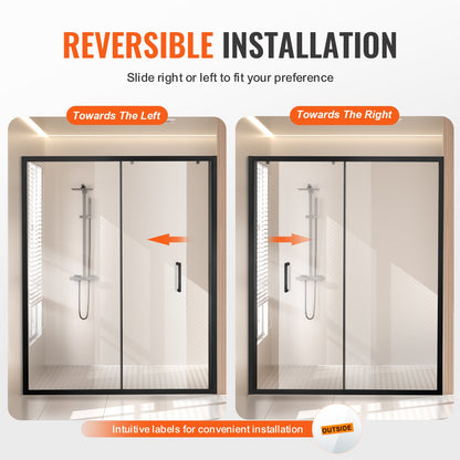 Frameless shower door, 57.7-59" x 70" tempered glass 1/4" matte black