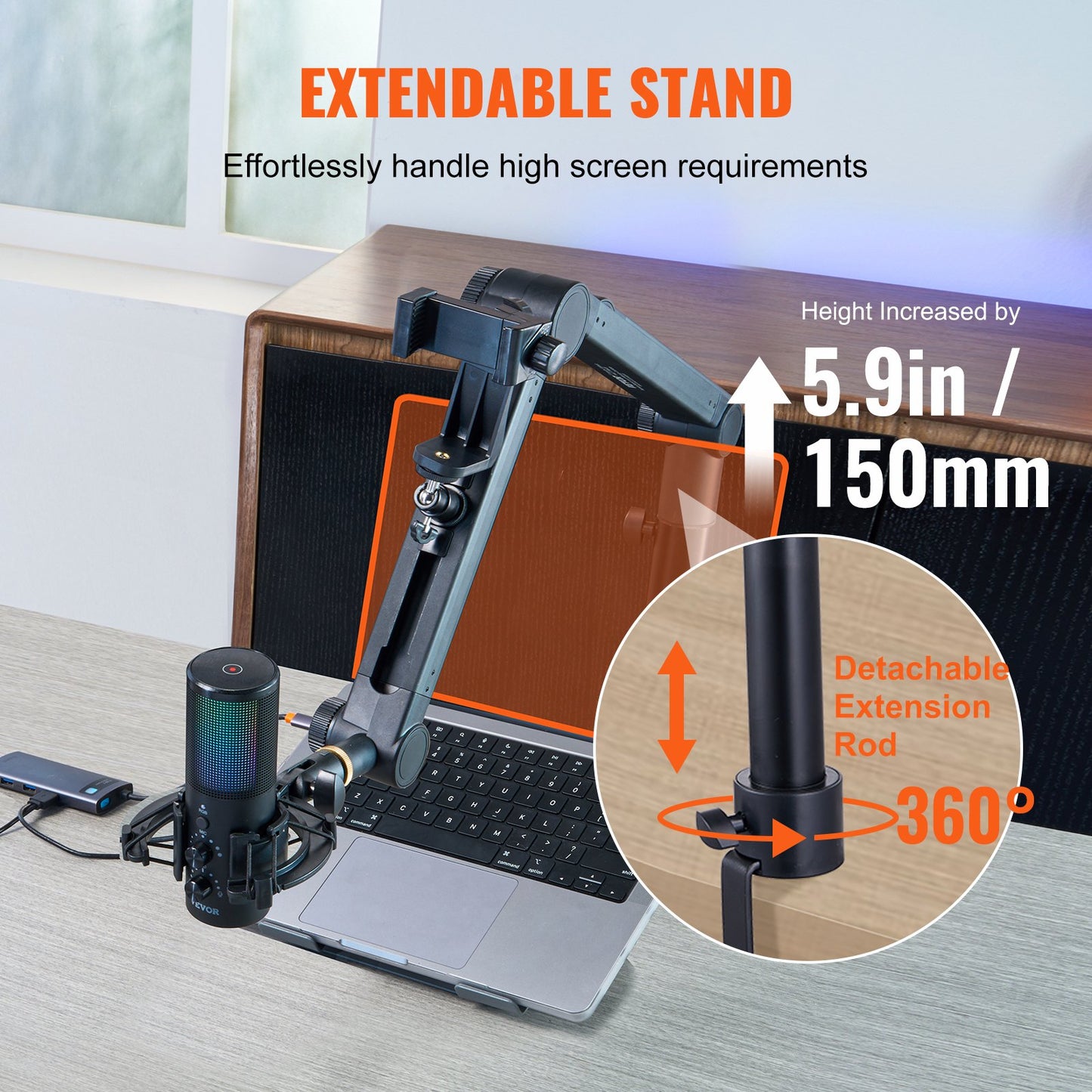 Microphone Boom Arm with Desk Mount, 360° Rotatable, Adjustable Mic Stand with 3/8" to 5/8" Adapter Port Headset Hook, for Blue Yeti Hyperx Quadcast Blue Snowball Shure SM7B Audio Technica