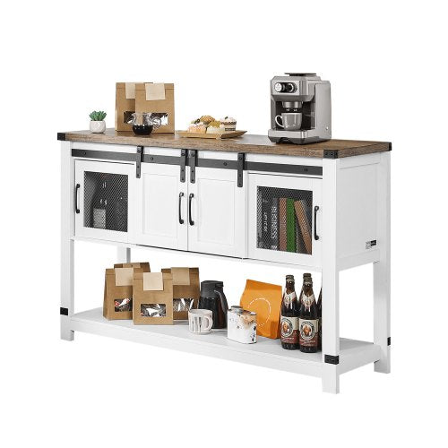 Coffee Bar Cabinet, 47.3 x 15.7 x 32.7 in Farmhouse Coffee Bar Cabinet with 4-Tier Storage, Coffee Bar Table with Barn Doors, Farmhouse Sideboard Buffet Cabinet for Living Room, Entryway