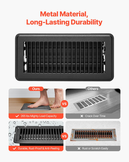 4 x 10 Inch Floor Registers, 12-Pack Vent Grilles, HAVC Heavy-Duty Walkable Iron Floor Vents, Easily Adjustable Rust-Proof Air Vents Deflector with Metal Damper, Ideal for Home & Office, Black