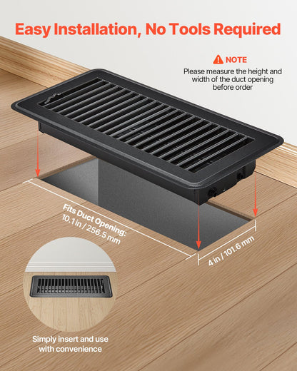 4 x 10 Inch Floor Registers, 12-Pack Vent Grilles, HAVC Heavy-Duty Walkable Iron Floor Vents, Easily Adjustable Rust-Proof Air Vents Deflector with Metal Damper, Ideal for Home & Office, Black