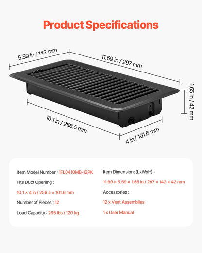 4 x 10 Inch Floor Registers, 12-Pack Vent Grilles, HAVC Heavy-Duty Walkable Iron Floor Vents, Easily Adjustable Rust-Proof Air Vents Deflector with Metal Damper, Ideal for Home & Office, Black