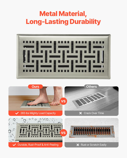 4 x 10 Inch Floor Registers, 2-Pack Vent Grilles, HVAC Heavy-Duty Walkable Iron Floor Vents, Easily Adjustable Rust-Proof Air Vents Deflector with Metal Damper, for Home & Office, Nickel-Plated