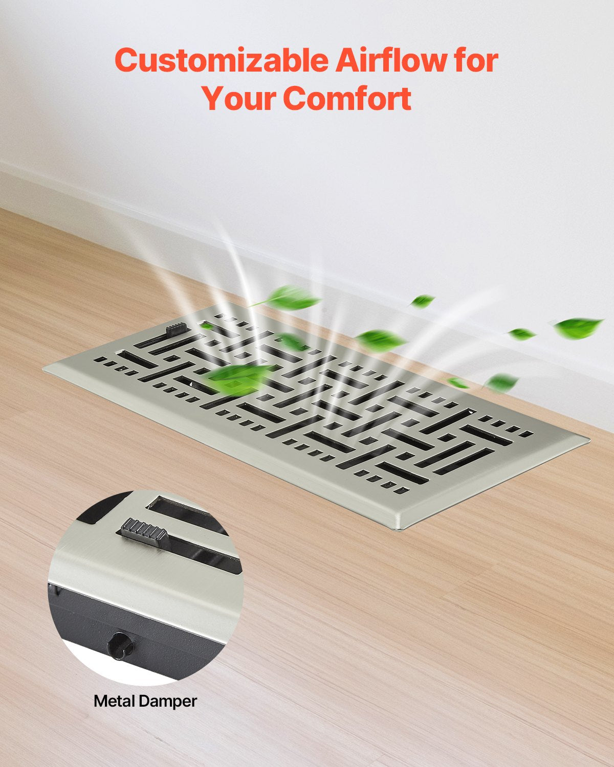 4 x 10 Inch Floor Registers, 2-Pack Vent Grilles, HVAC Heavy-Duty Walkable Iron Floor Vents, Easily Adjustable Rust-Proof Air Vents Deflector with Metal Damper, for Home & Office, Nickel-Plated