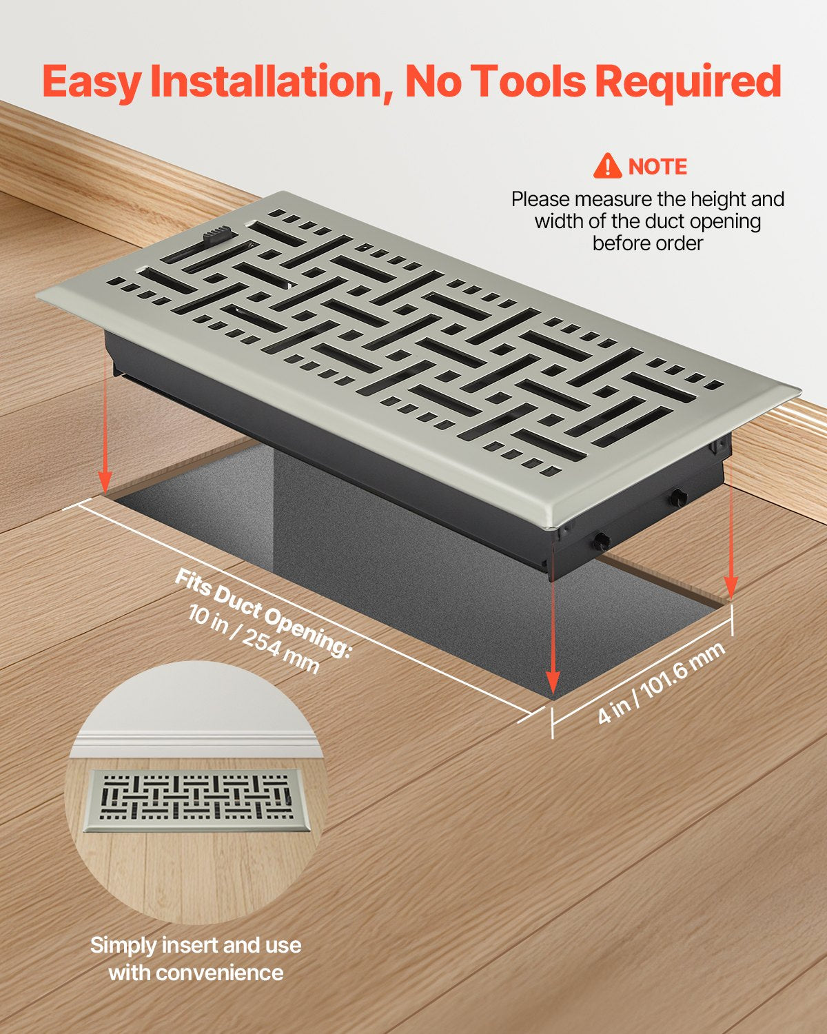 4 x 10 Inch Floor Registers, 2-Pack Vent Grilles, HVAC Heavy-Duty Walkable Iron Floor Vents, Easily Adjustable Rust-Proof Air Vents Deflector with Metal Damper, for Home & Office, Nickel-Plated