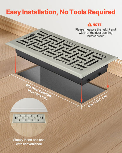 4 x 10 Inch Floor Registers, 2-Pack Vent Grilles, HVAC Heavy-Duty Walkable Iron Floor Vents, Easily Adjustable Rust-Proof Air Vents Deflector with Metal Damper, for Home & Office, Nickel-Plated
