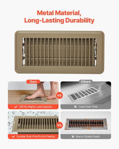 4 x 10 Inch Floor Registers, 6-Pack Vent Grilles, HVAC Heavy-Duty Walkable Iron Floor Vents, Easily Adjustable Rust-Proof Air Vents Deflector with Metal Damper, Ideal for Home & Office, Brown