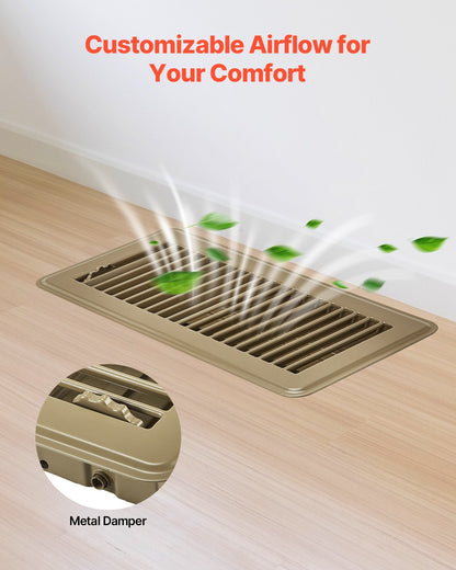 4 x 10 Inch Floor Registers, 6-Pack Vent Grilles, HVAC Heavy-Duty Walkable Iron Floor Vents, Easily Adjustable Rust-Proof Air Vents Deflector with Metal Damper, Ideal for Home & Office, Brown