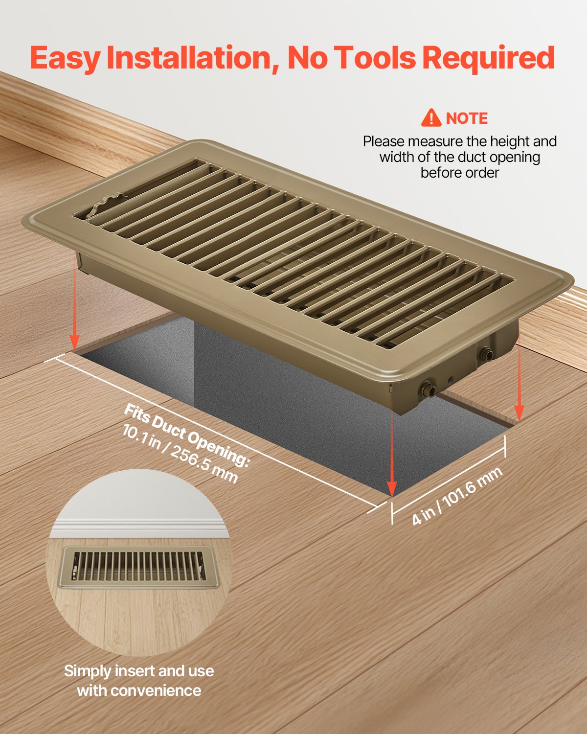 4 x 10 Inch Floor Registers, 6-Pack Vent Grilles, HVAC Heavy-Duty Walkable Iron Floor Vents, Easily Adjustable Rust-Proof Air Vents Deflector with Metal Damper, Ideal for Home & Office, Brown