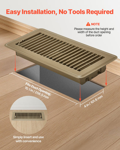 4 x 10 Inch Floor Registers, 6-Pack Vent Grilles, HVAC Heavy-Duty Walkable Iron Floor Vents, Easily Adjustable Rust-Proof Air Vents Deflector with Metal Damper, Ideal for Home & Office, Brown