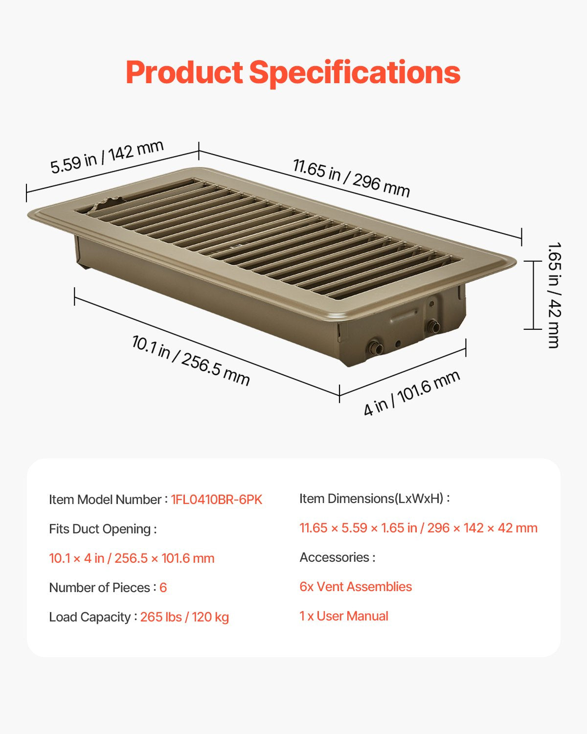 4 x 10 Inch Floor Registers, 6-Pack Vent Grilles, HVAC Heavy-Duty Walkable Iron Floor Vents, Easily Adjustable Rust-Proof Air Vents Deflector with Metal Damper, Ideal for Home & Office, Brown