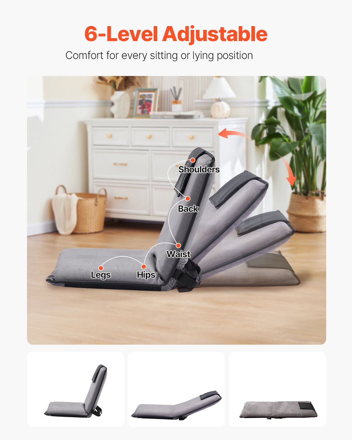 Golvstol med ryggstöd Fällbar Golvstol 6 justerbara positioner