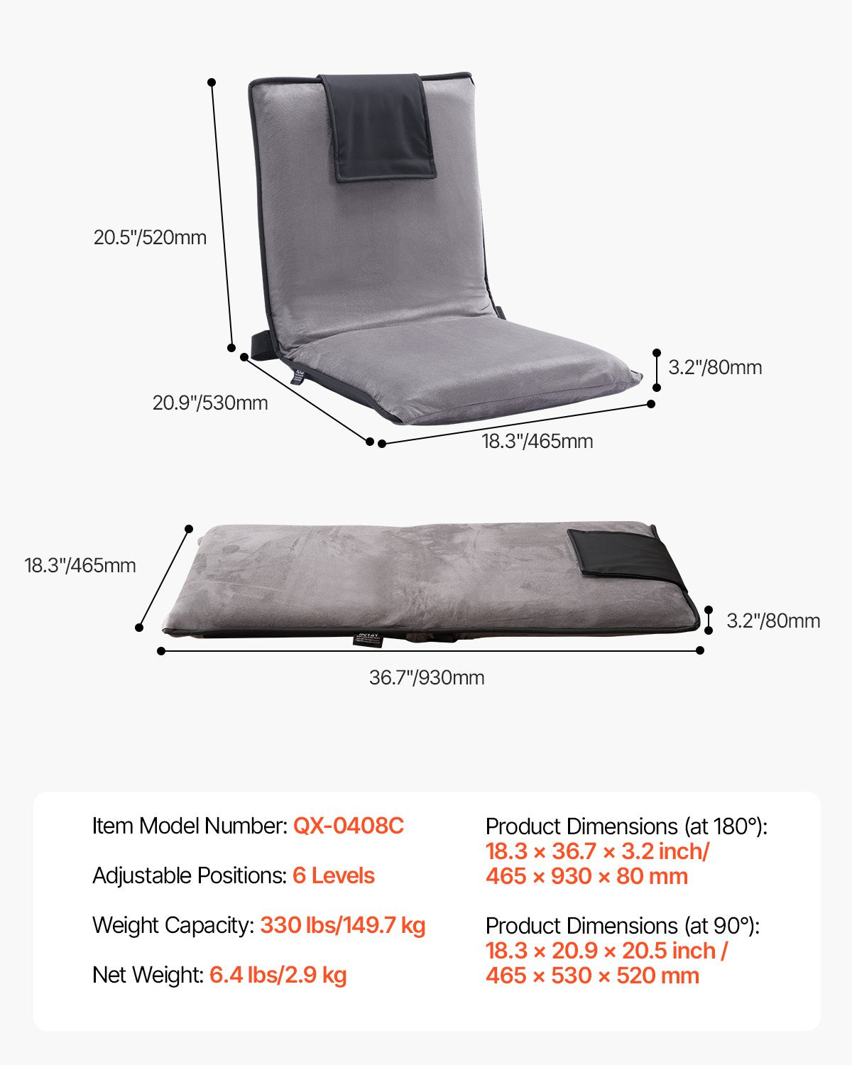 Golvstol med ryggstöd Fällbar Golvstol 6 justerbara positioner