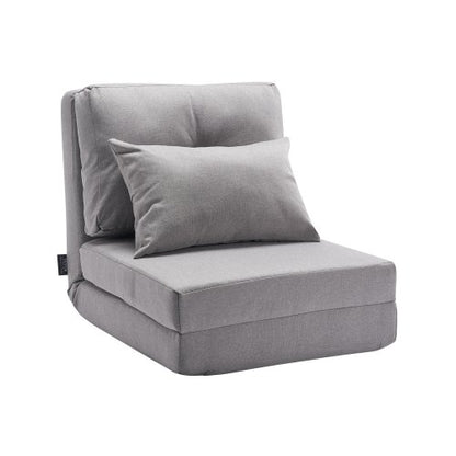 Convertible Flip Chair, 5-Position Adjustable Floor Lazy Sofa, Folding Upholstered Couch Bed with Adjustable Backrest Metal Frame and Pillow, Folding Sofa Bed Chair for Living Room Bedroom, Gray