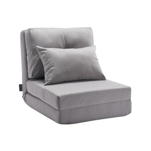 Convertible Flip Chair, 5-Position Adjustable Floor Lazy Sofa, Folding Upholstered Couch Bed with Adjustable Backrest Metal Frame and Pillow, Folding Sofa Bed Chair for Living Room Bedroom, Gray