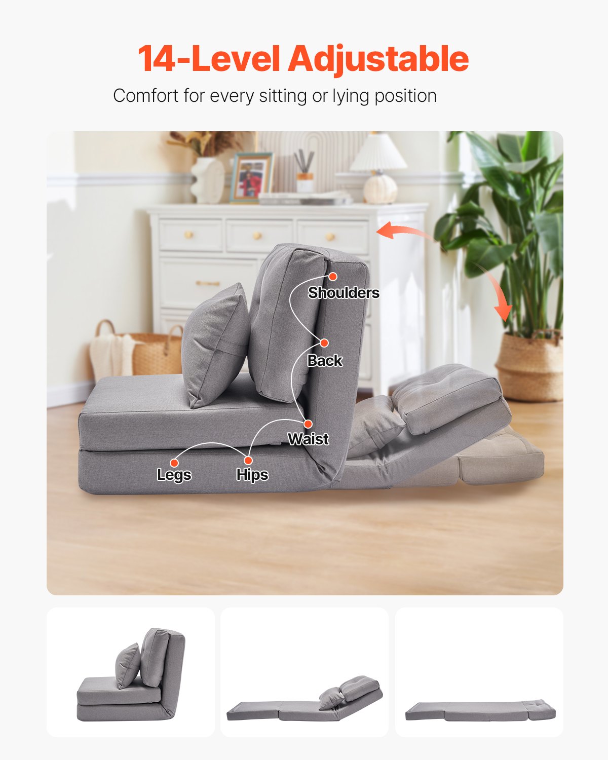 Convertible Flip Chair with 5 Adjustable Positions Floor Lazy Sofa Gray