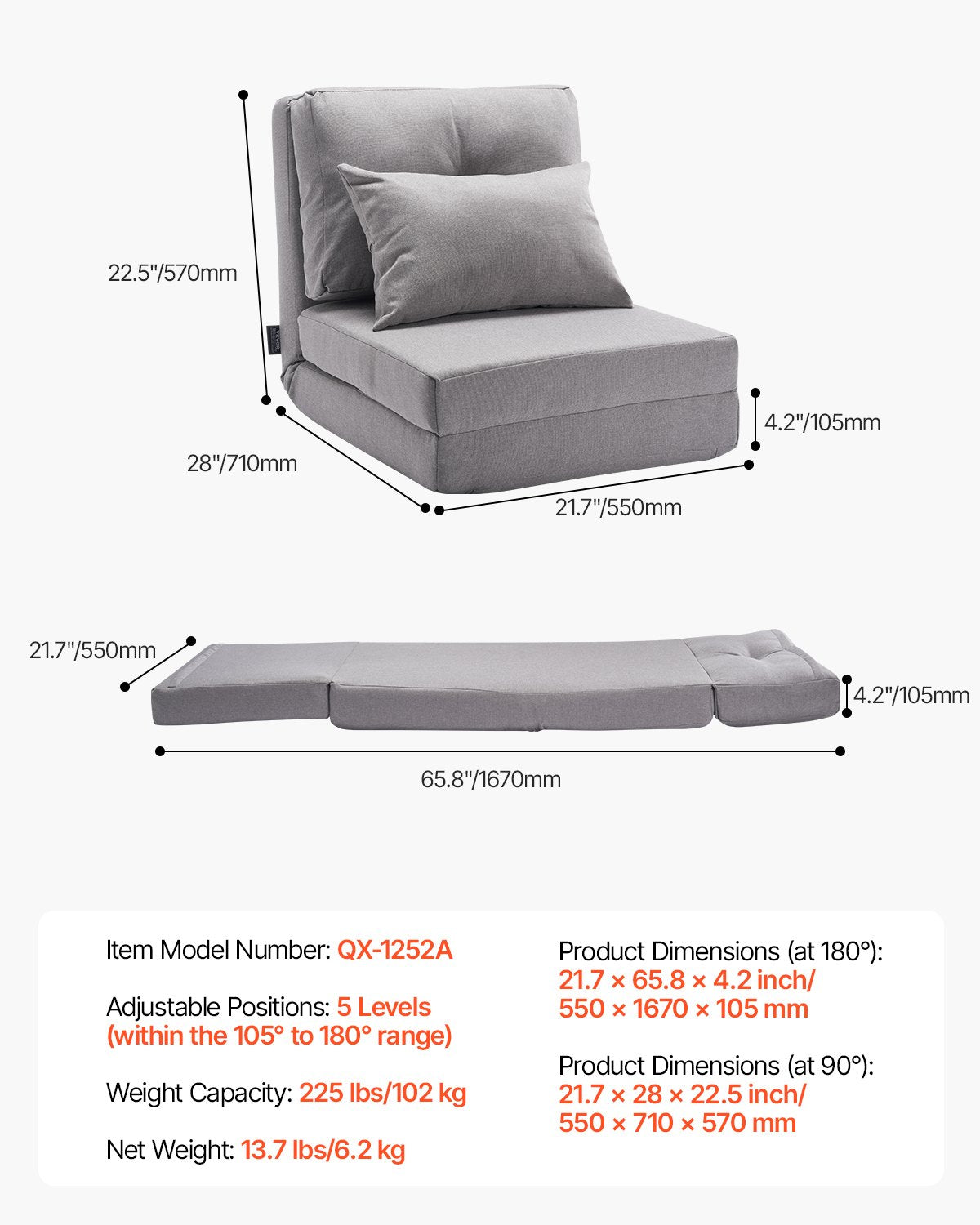 Convertible Flip Chair with 5 Adjustable Positions Floor Lazy Sofa Gray
