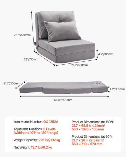 Convertible Flip Chair with 5 Adjustable Positions Floor Lazy Sofa Gray
