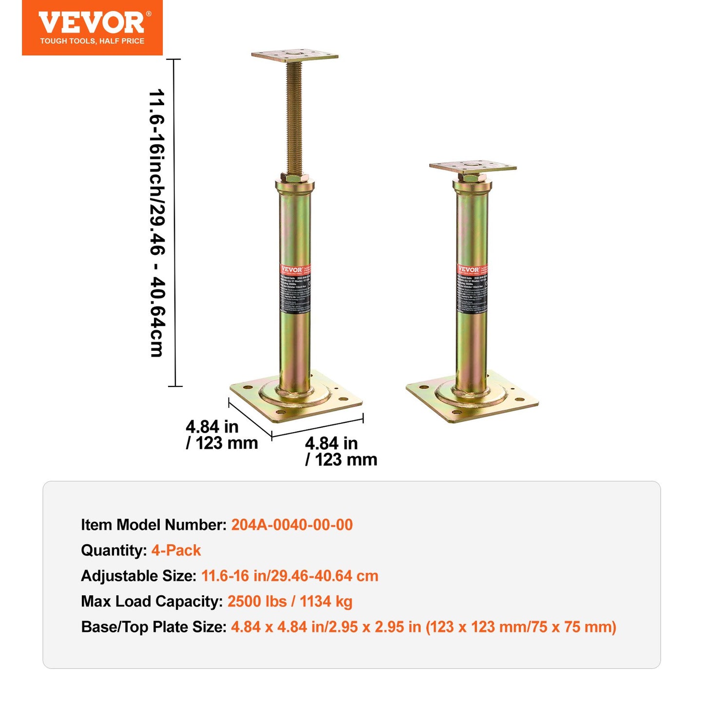 House Floor Jacks, 4 Pack, 11.6"-16" Height Range, 2500 lbs Max Load Capacity Per Unit, Adjustable Support Beam Basement Jack Post for Leveling, Galvanized Telescoping Jack for Temporary Support