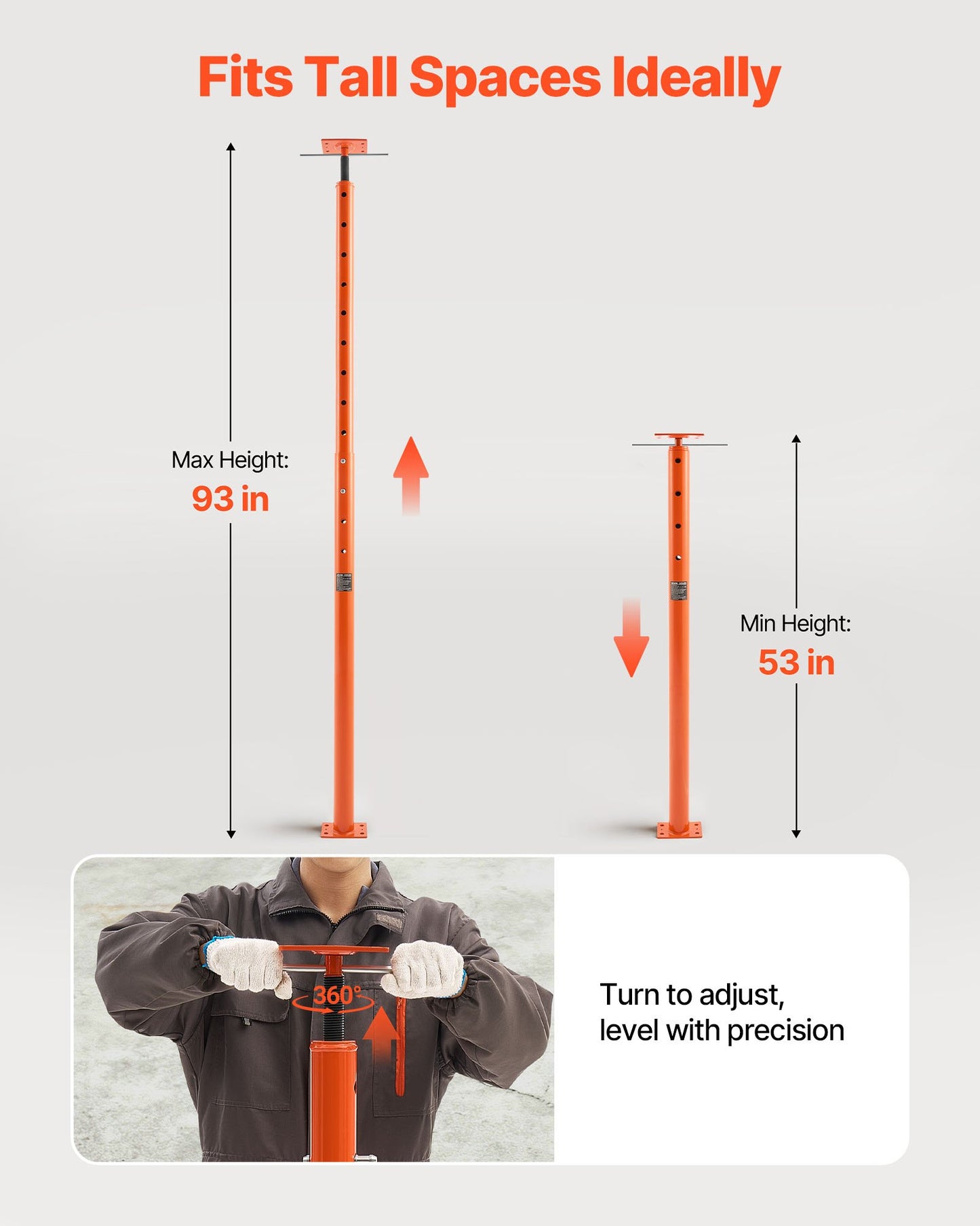 House Floor Jacks, 2 Pack 53-93 Inch Height Range, 18000 lbs Max Load Capacity, Adjustable Support Beam Basement Jack Post Pole for Leveling, Lift Steel Telescoping Post for Temporary Support