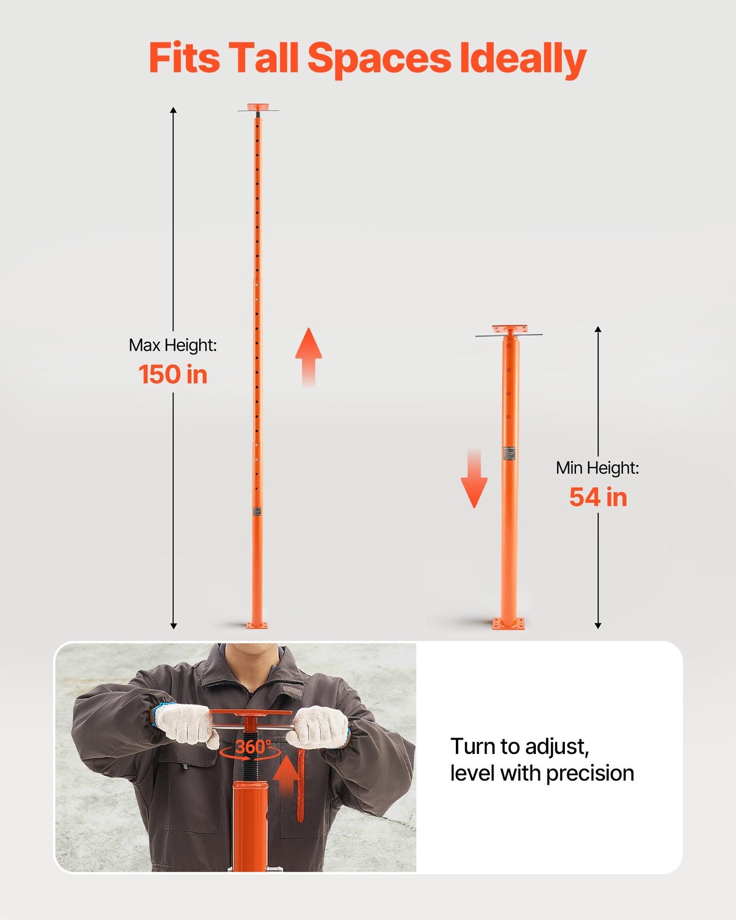 House Floor Jacks, 2 Pack 54-150 Inch Height Range, 11200 lbs Max Load Capacity, Adjustable Support Beam Basement Jack Post Pole for Leveling, Lift Steel Telescoping Post for Temporary Support