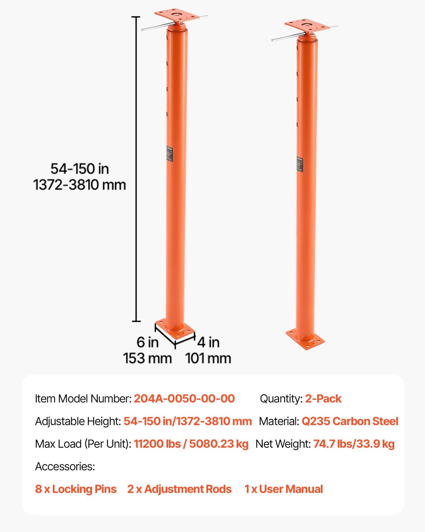 House Floor Jacks, 2 Pack 54-150 Inch Height Range, 11200 lbs Max Load Capacity, Adjustable Support Beam Basement Jack Post Pole for Leveling, Lift Steel Telescoping Post for Temporary Support