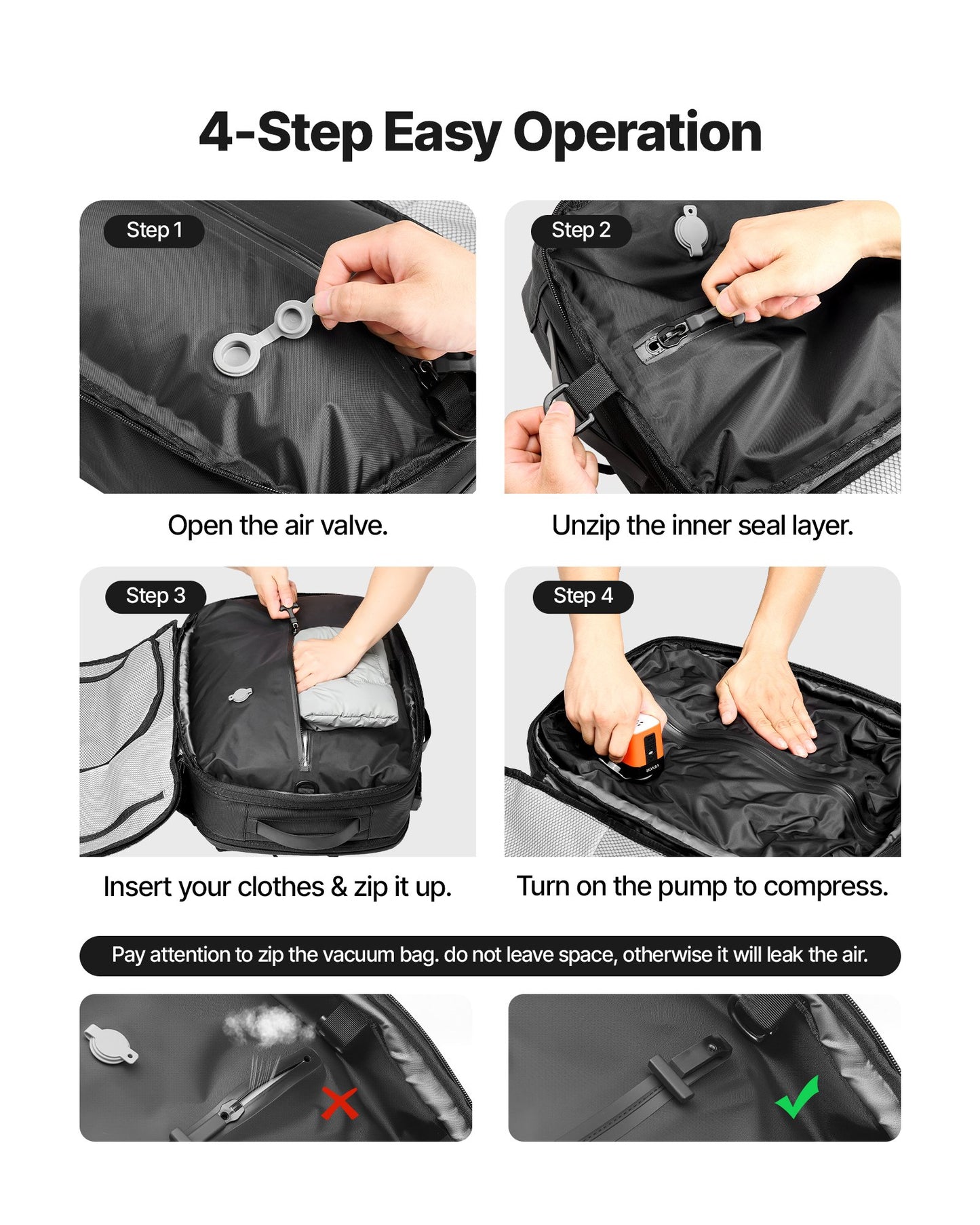 Vacuum Travel Backpack, 35L, Vacuum Seal Compression Travel Backpack with Air Pump, Multiple Pockets & Compartments, Water-Resistant Carry-On Suitcase Luggage, Casual Personal Item Bag, Black